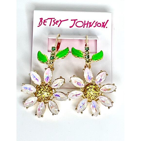 Betsey Johnson Iridescent Stone FLOWER EARRINGS 2.5" Dangle Drop Daisy Flowers - Picture 5 of 5